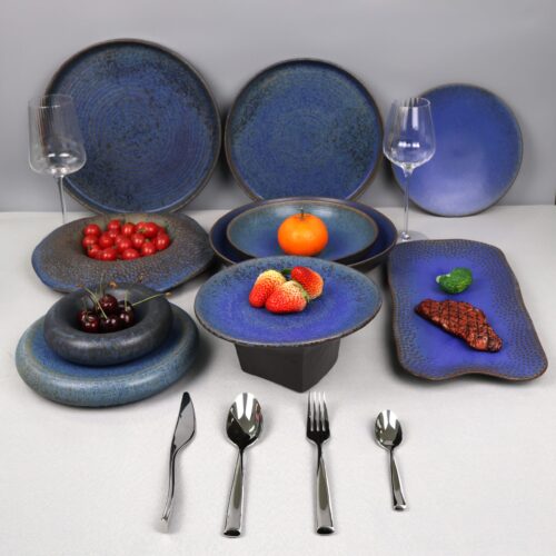 Premium Porcelain Plates High Temperature Kiln Change Dinnerware Sets Blue Retro Tableware