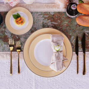 Luxury Ceramic Tableware Set Dishes 4-Piece Round Dinner Table Set Charger Plate Yellow Gold Rimmed Dinnerware for Party