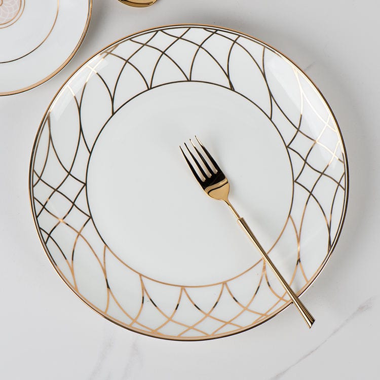 Product Features Light-Luxury Artistic Design: Integrates soft nude pink and exquisite gold elements, with designs ranging from concentric circles with central floral patterns to geometric diamond-grid lines, creating a highly recognizable and elegant visual style. Exquisite Craftsmanship: Features meticulous gilding craftsmanship on the edges, paired with glossy and smooth porcelain, ensuring superior texture and a high-end feel. Versatile Sizing & Scenarios: The multi-size plate set caters to different dining needs and is suitable for both daily meals to add a sense of ritual and high-end banquets to enhance the atmosphere. Aesthetic Hierarchy: The combination of various patterned plates forms a rich visual hierarchy, making it an ideal choice for those who pursue both life quality and artistic aesthetics.