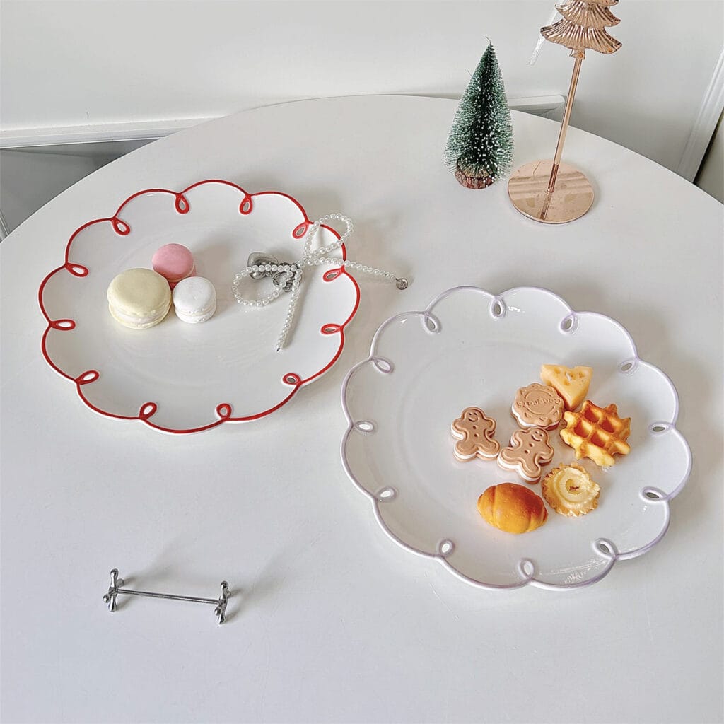 Macaron Color Lace Trim Porcelain Plates Hollow Ring