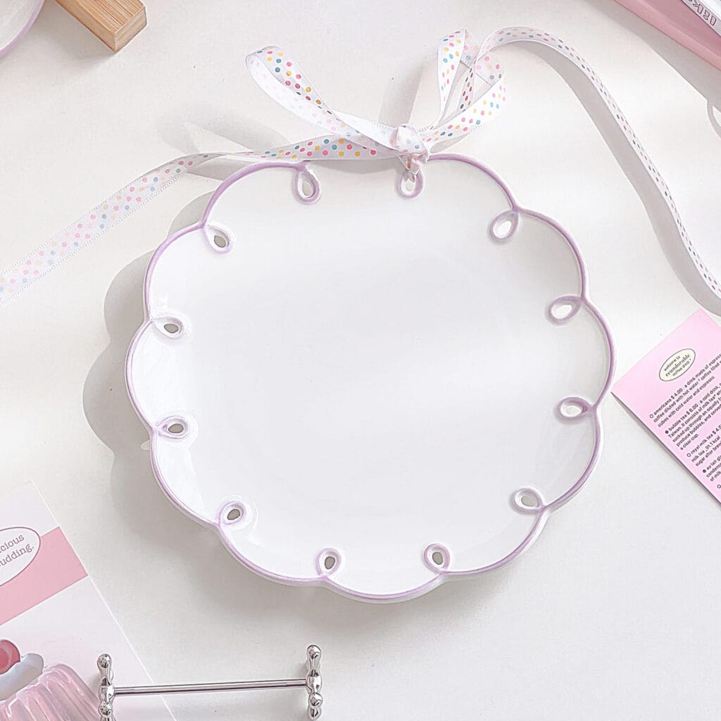 Macaron Color Lace Trim Porcelain Plates Hollow Ring