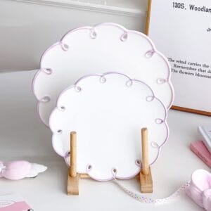 Macaron Color Lace Trim Porcelain Plates Hollow Ring