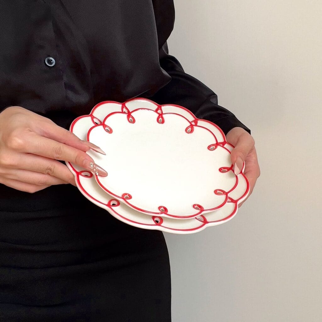 Macaron Color Lace Trim Porcelain Plates Hollow Ring