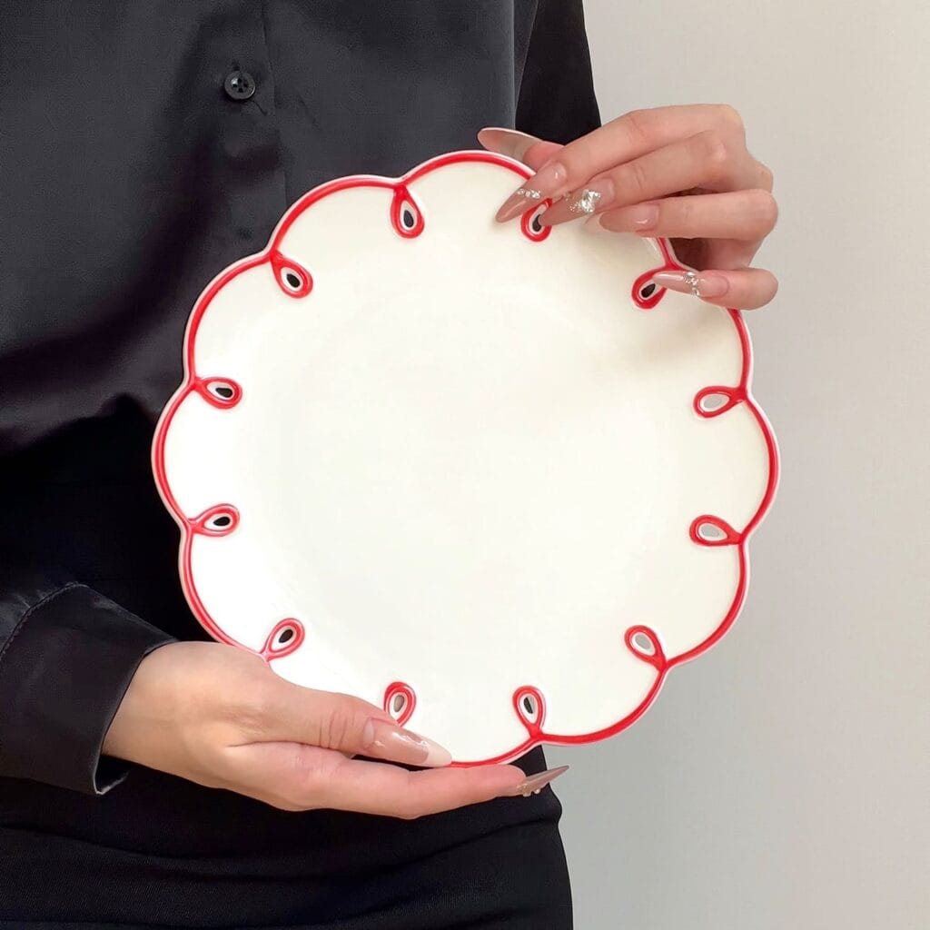 Macaron Color Lace Trim Porcelain Plates Hollow Ring