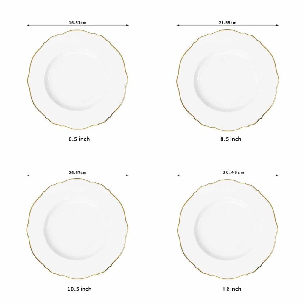 white bone china dinner plate with gilded wavy edge