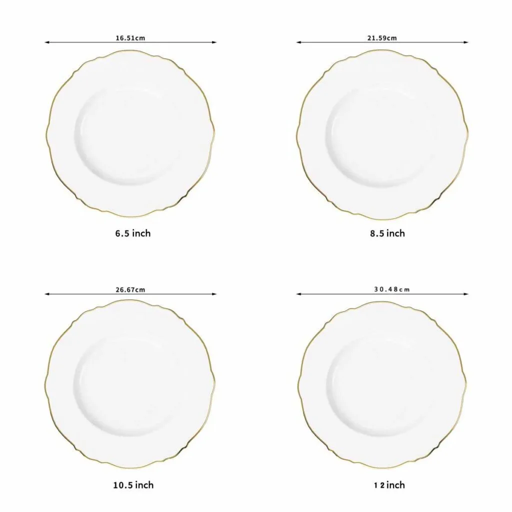 white bone china dinner plate with gilded wavy edge
