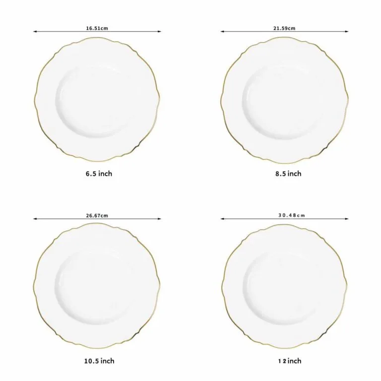 white bone china dinner plate with gilded wavy edge
