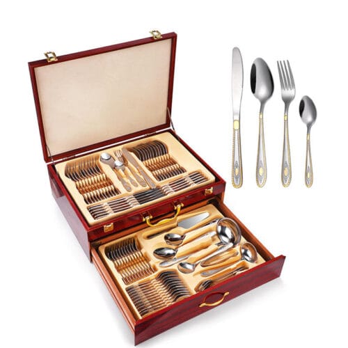 72 Piece Silver Gold Carved Stainless Steel Cutlery Set with Wood Grain Gift Box