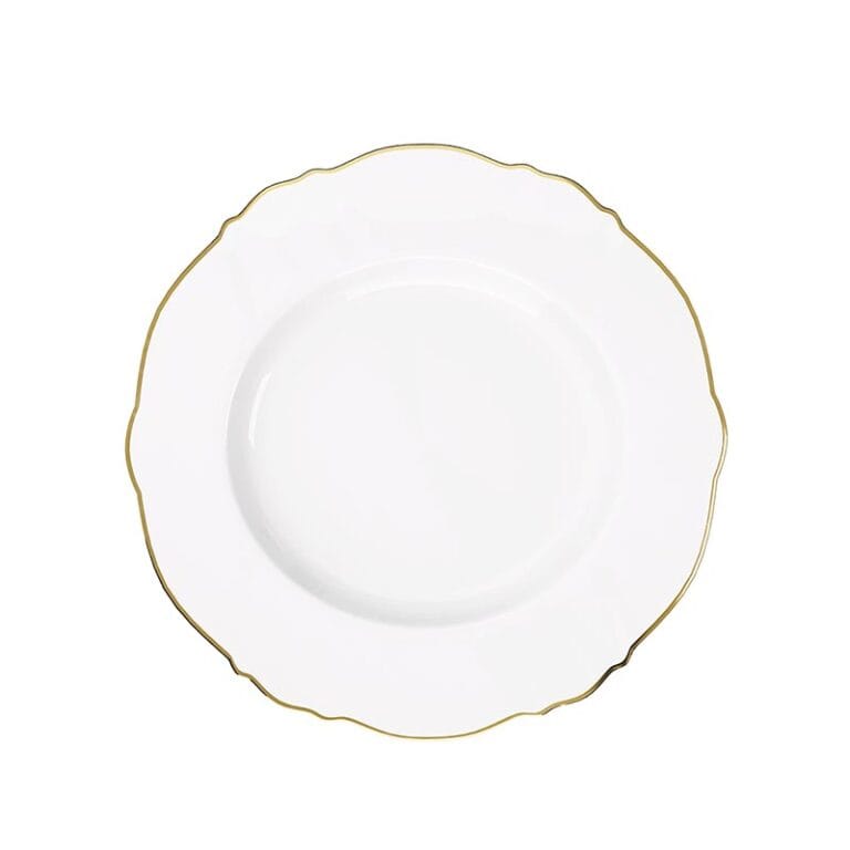 white bone china dinner plate with gilded wavy edge