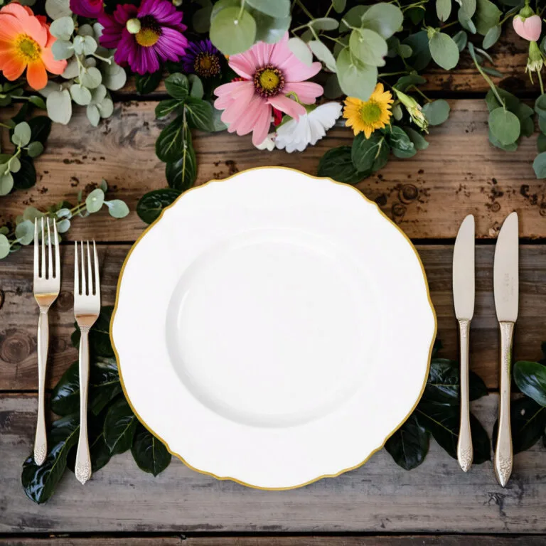 white bone china dinner plate with gilded wavy edge