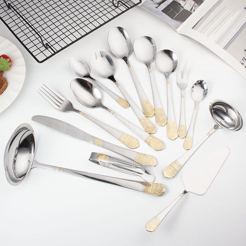 72PCS Silver Gold Carved Stainless Steel Cutlery Set with Wood Grain Gift Box