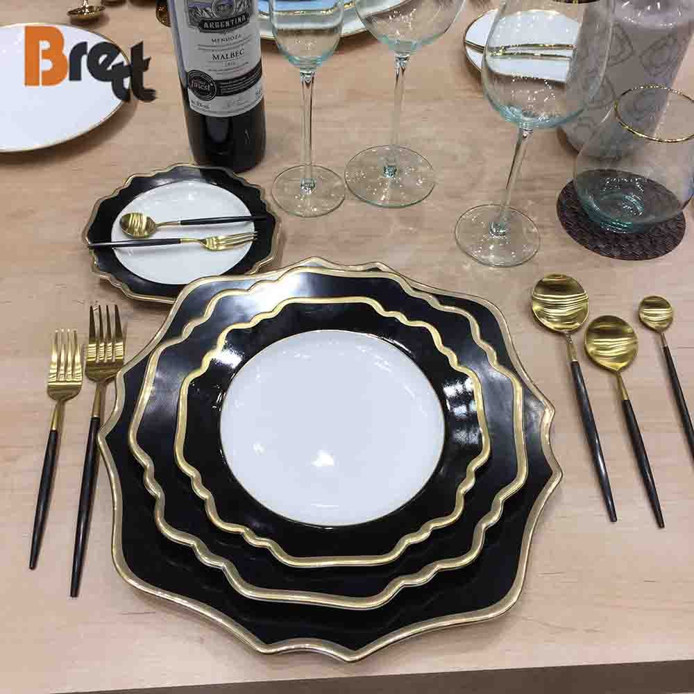 Luxury Gilded Porcelain Wedding Dinner Plate Set Wavy Edge Black
