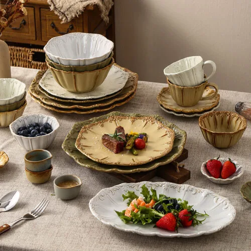 European Pastoral Charm Kiln Change Ceramic Tableware Set Green Beige White Dish Plate