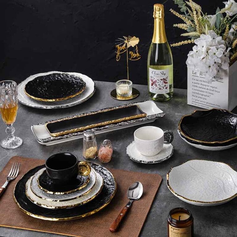 Luxury Gold Rimmed Black Irregular Ceramic Plate Dinnerware Set for Hotel Restaurant