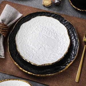 Artistic Texture Gold Rim Black and White High Temperature Ceramic Dish Plate