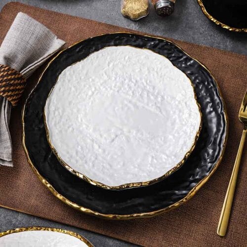 Artistic Texture Gold Rim Black and White High Temperature Ceramic Dish Plate