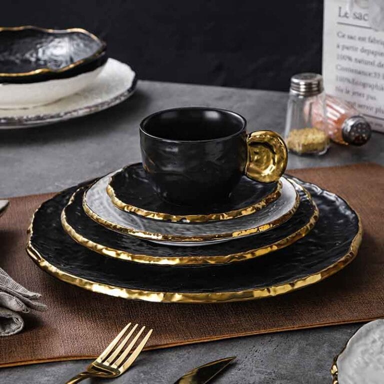 Luxury gold rimmed black irregular ceramic plate set