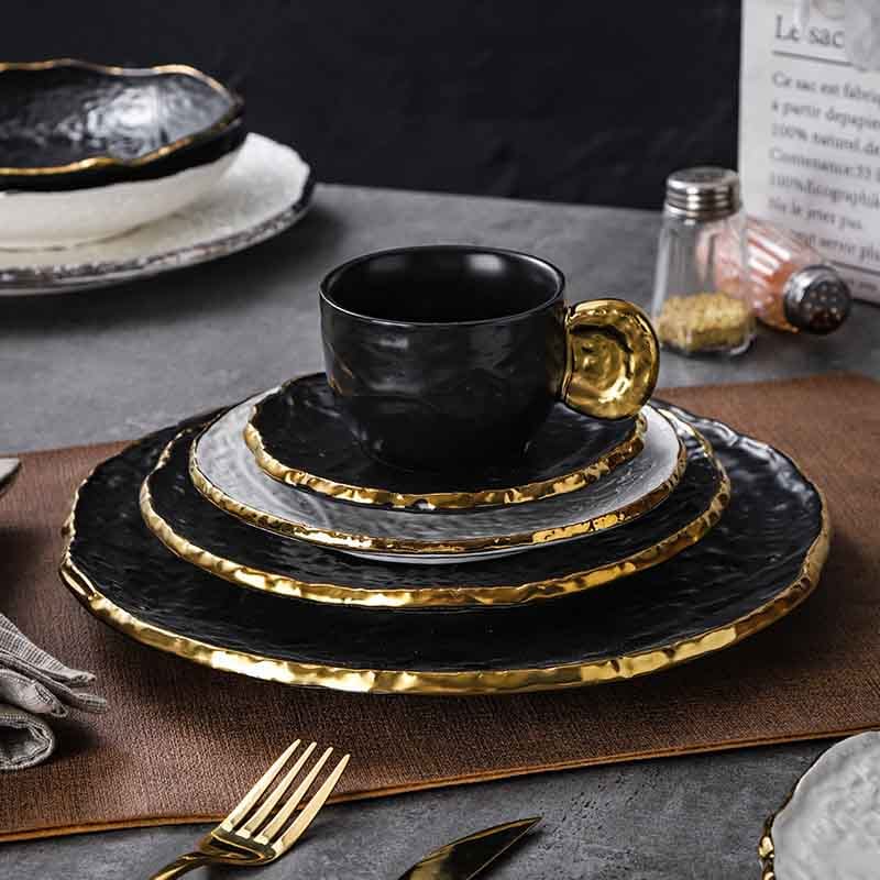 Luxury gold rimmed black irregular ceramic plate set