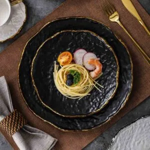Artistic Texture Gold Rim Black High Temperature Ceramic Dish Plate