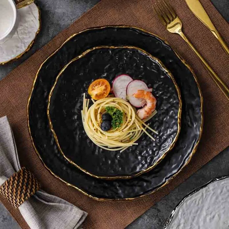 Artistic Texture Gold Rim Black High Temperature Ceramic Dish Plate