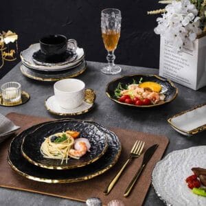 Luxury gold rimmed black irregular ceramic plate set