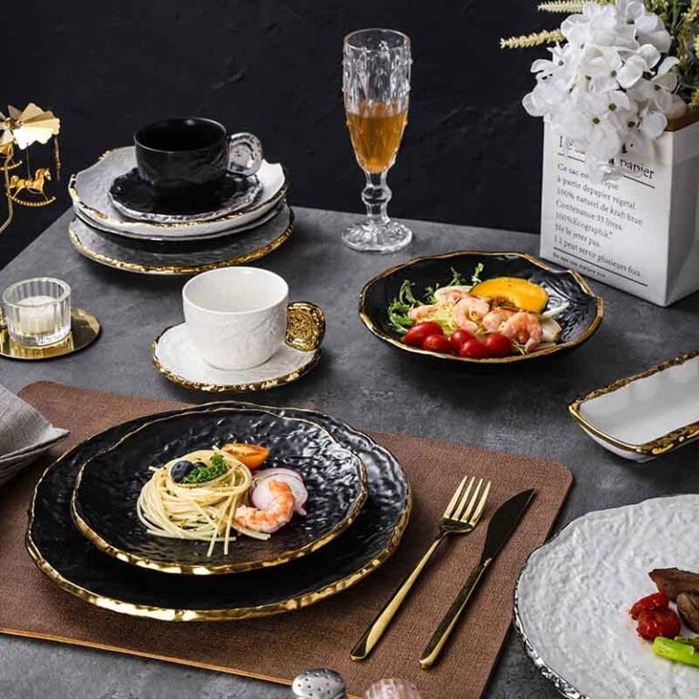 Luxury gold rimmed black irregular ceramic plate set
