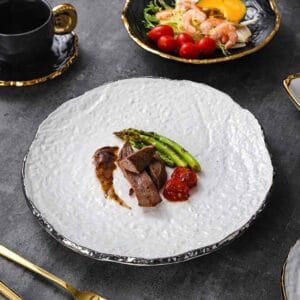 Artistic Texture Silver Rim White High Temperature Ceramic Dish Plate