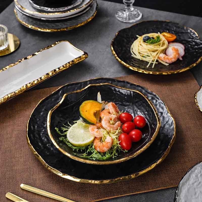 Luxury gold rimmed black irregular ceramic plate set