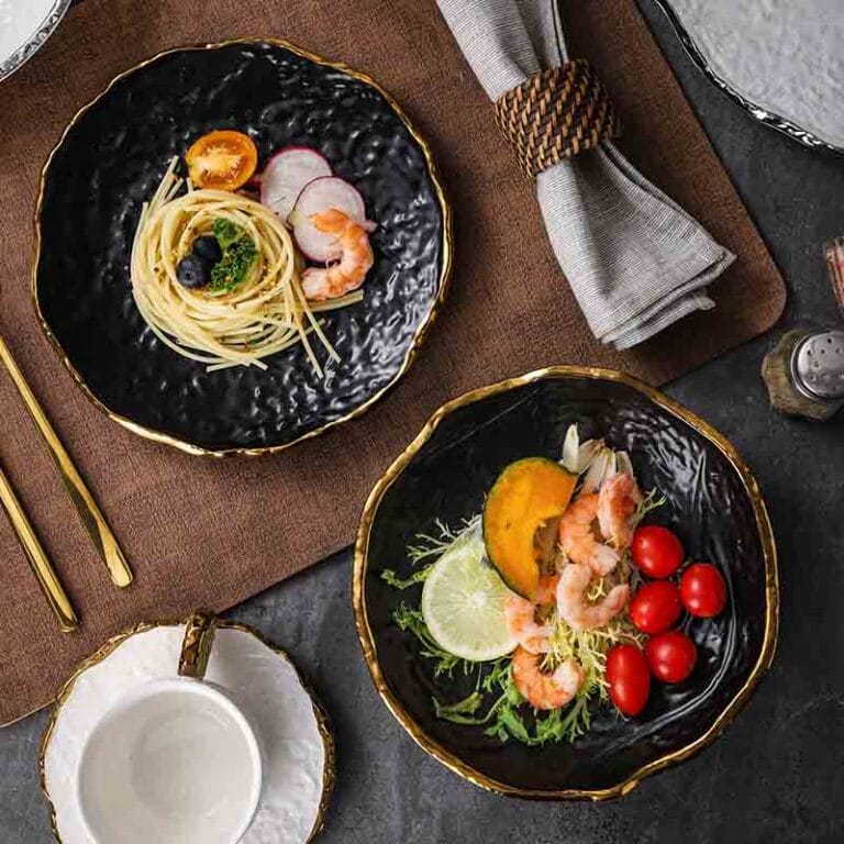 Luxury gold rimmed black irregular ceramic plate set