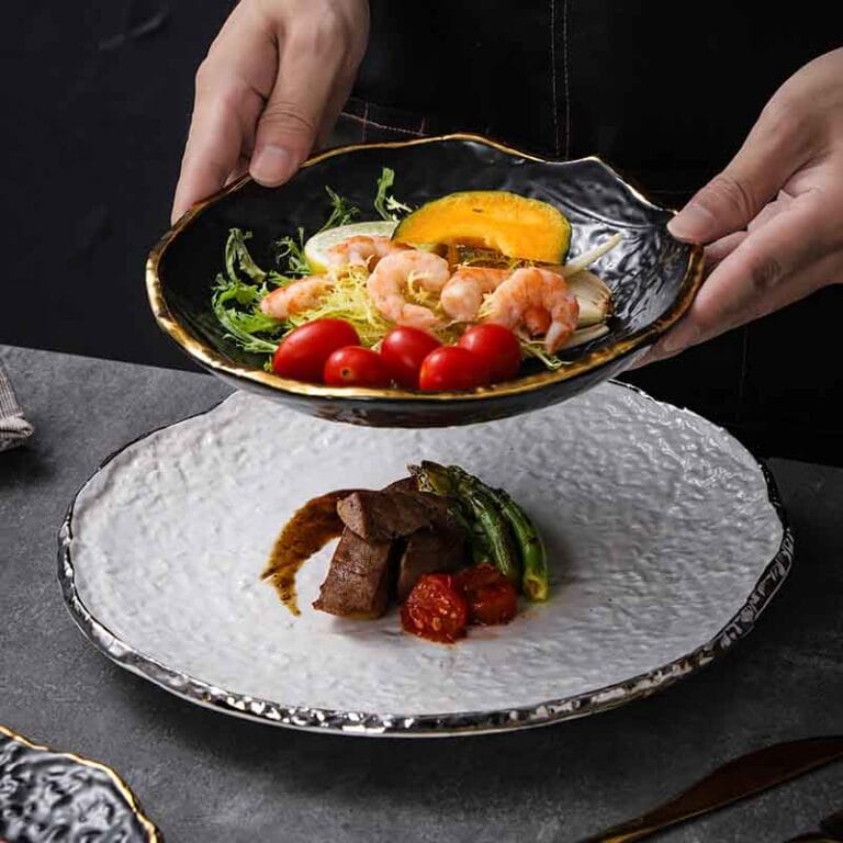 Gold Rim Black and White High Temperature Ceramic Dish Plate