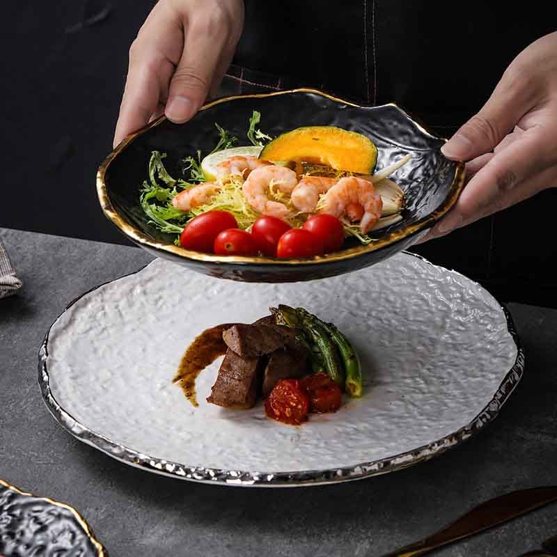Gold Rim Black and White High Temperature Ceramic Dish Plate