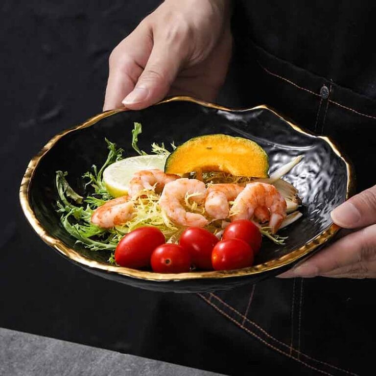 Gold Rim Black and White High Temperature Ceramic Dish Plate