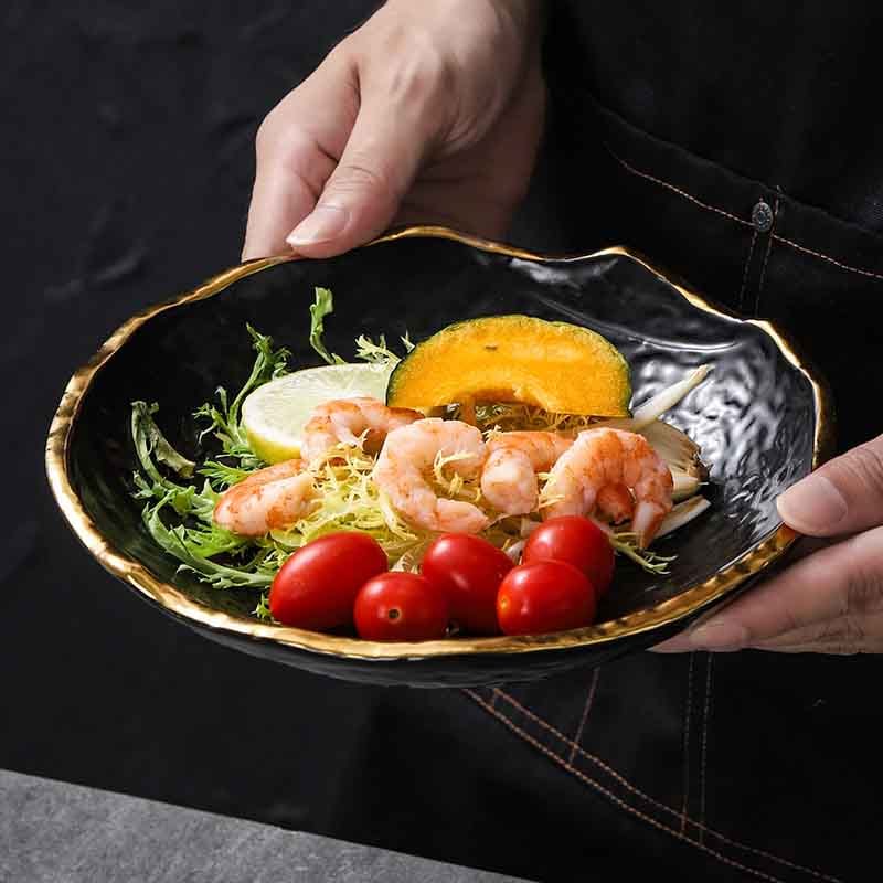 Gold Rim Black and White High Temperature Ceramic Dish Plate