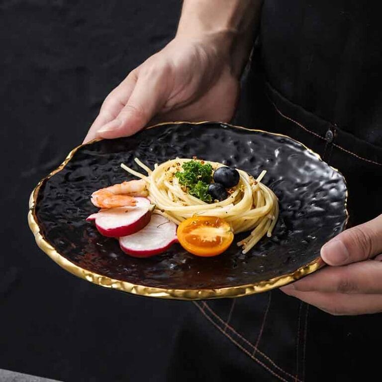 Gold Rim Black and White High Temperature Ceramic Dish Plate