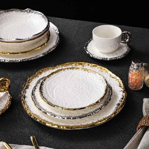 Gold and Silver Edge Rimmed Luxury Ceramic Dinner Plate Hotel Collections