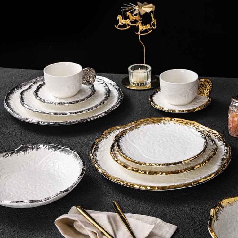 Gold and Silver Edge Rimmed Luxury Ceramic Dinner Plate Hotel Collections