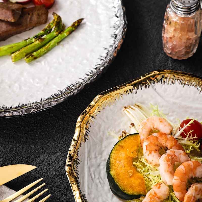 Gold and Silver Edge Rimmed Luxury Ceramic Dinner Plate Hotel Collections