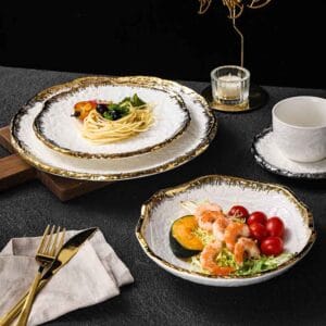 Gold and Silver Edge Rimmed Luxury Ceramic Dinner Plate Hotel Collections