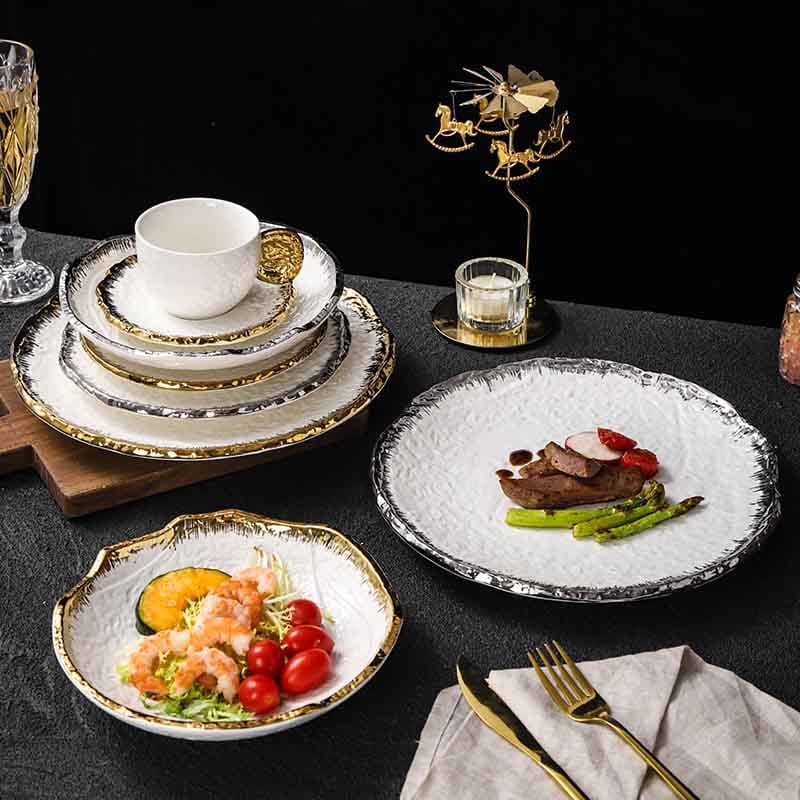 Gold and Silver Edge Rimmed Luxury Ceramic Dinner Plate Hotel Collections