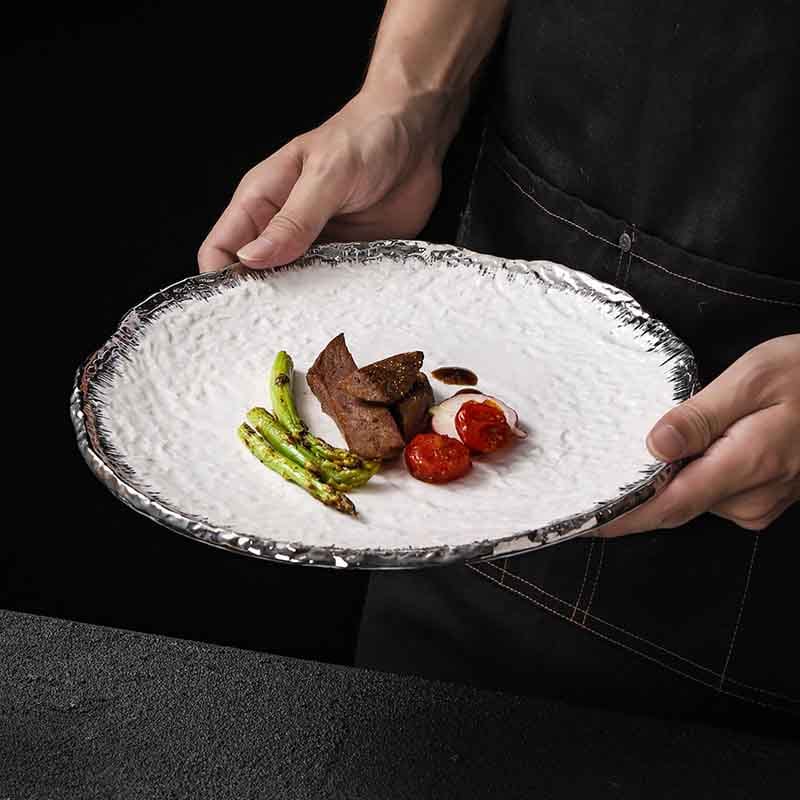 Gold and Silver Edge Rimmed Luxury Ceramic Dinner Plate Hotel Collections