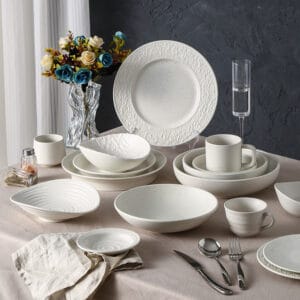 Nordic Style White Tableware Set Stoneware Handcrafted Texture Plate Bowl Cup