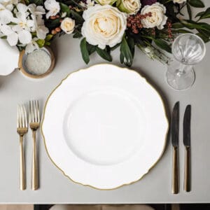white bone china dinner plate with gilded wavy edge