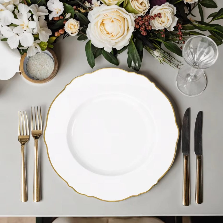 white bone china dinner plate with gilded wavy edge
