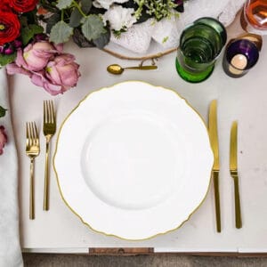 white bone china dinner plate with gilded wavy edge