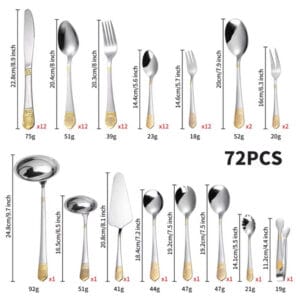 72PCS Silver Gold Carved Stainless Steel Cutlery Set with Wood Grain Gift Box