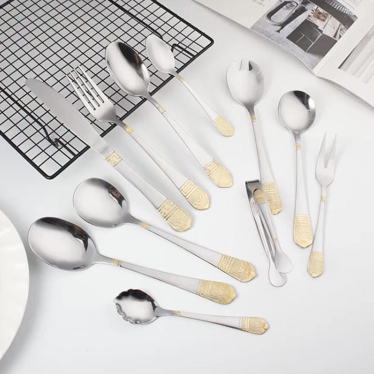 72PCS Silver Gold Carved Stainless Steel Cutlery Set with Wood Grain Gift Box