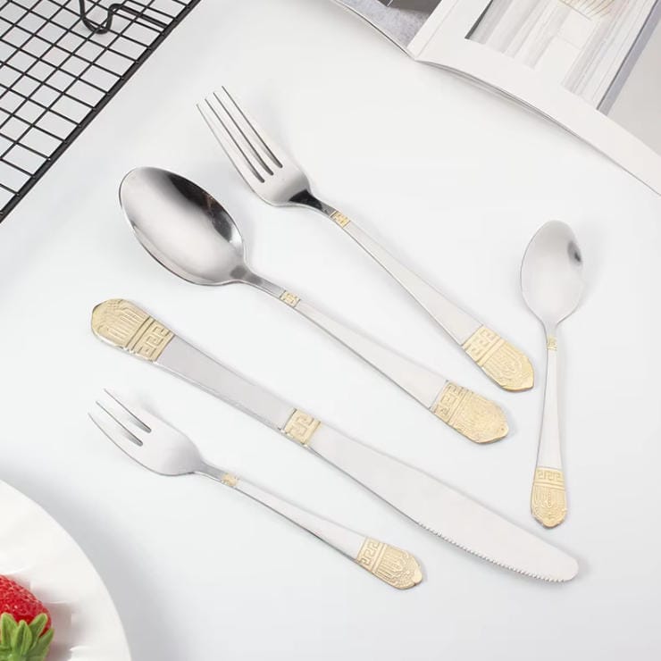 72PCS Silver Gold Carved Stainless Steel Cutlery Set with Wood Grain Gift Box