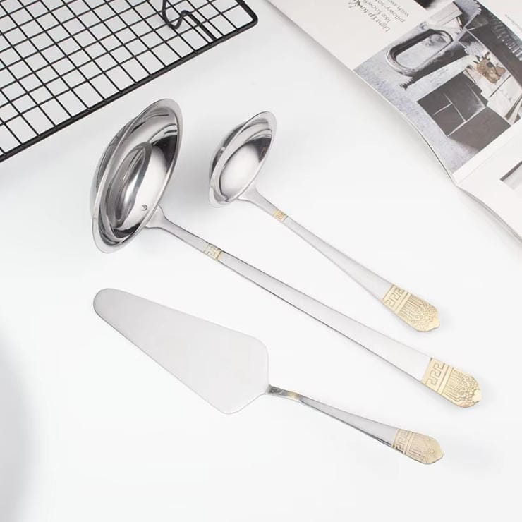 72PCS Silver Gold Carved Stainless Steel Cutlery Set with Wood Grain Gift Box