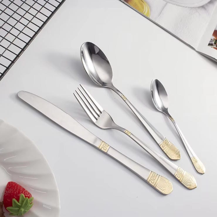 72PCS Silver Gold Carved Stainless Steel Cutlery Set with Wood Grain Gift Box