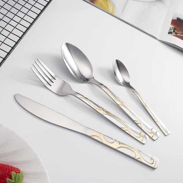 72PCS Silver Gold Carved Stainless Steel Cutlery Set with Wood Grain Gift Box